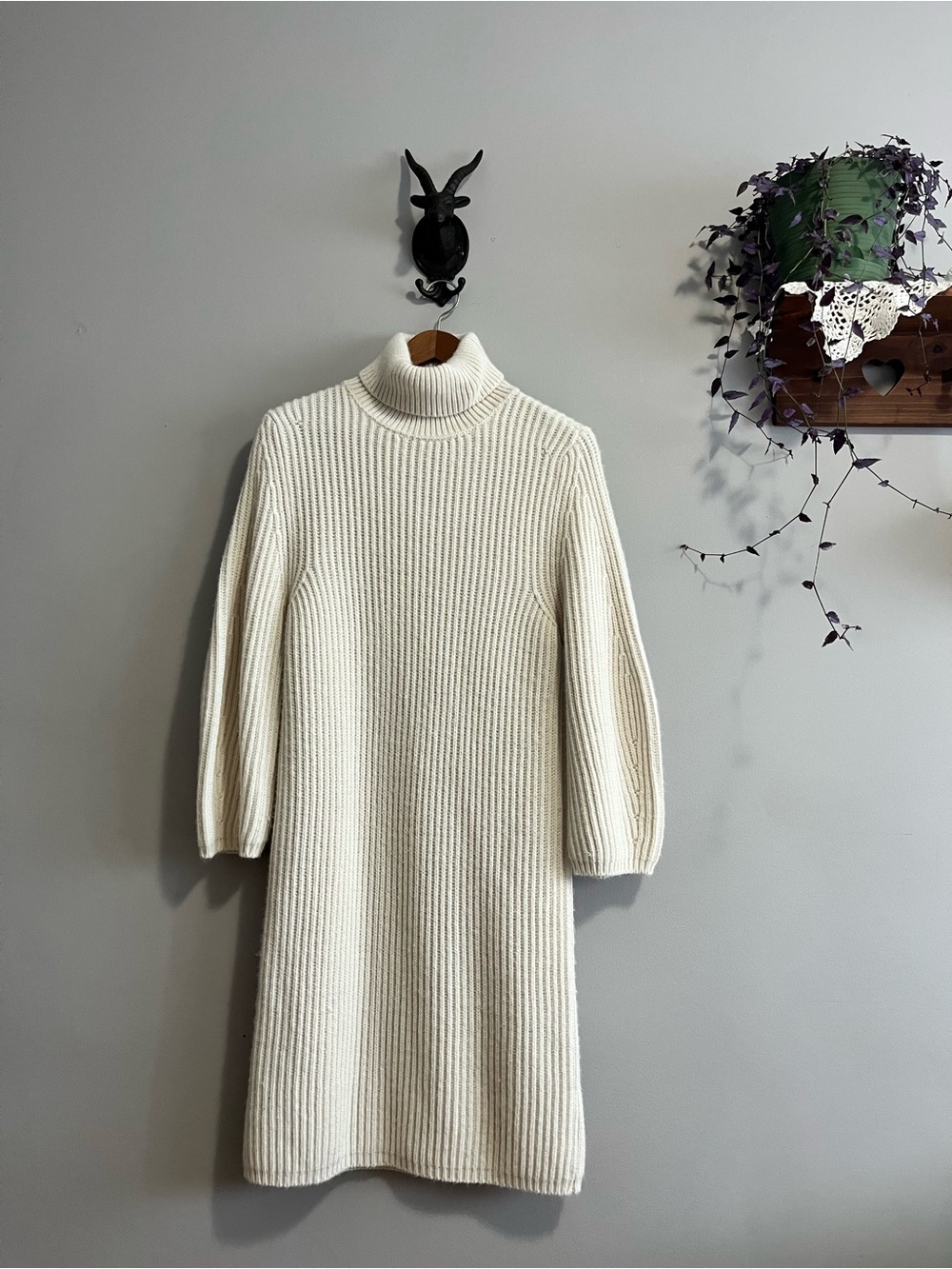 Massimo Dutti Cream Ribbed Turtleneck Midi Dress
